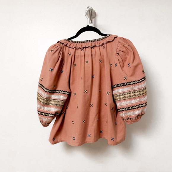 the Great. Clementine Cotton Linen Rosette Embroidered Blouse Shirt Pink 2 - Picture 3 of 9